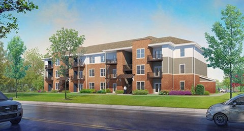 a rendering of an apartment building on the side of a street