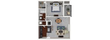 A floor plan of a small apartment with a bedroom, living room, and kitchen.
