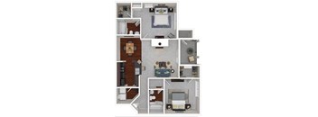 A floor plan of a small apartment with a kitchen, living room, and two bedrooms.