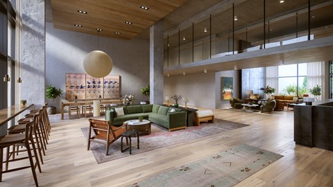A modern living room with wooden floors and furniture.
