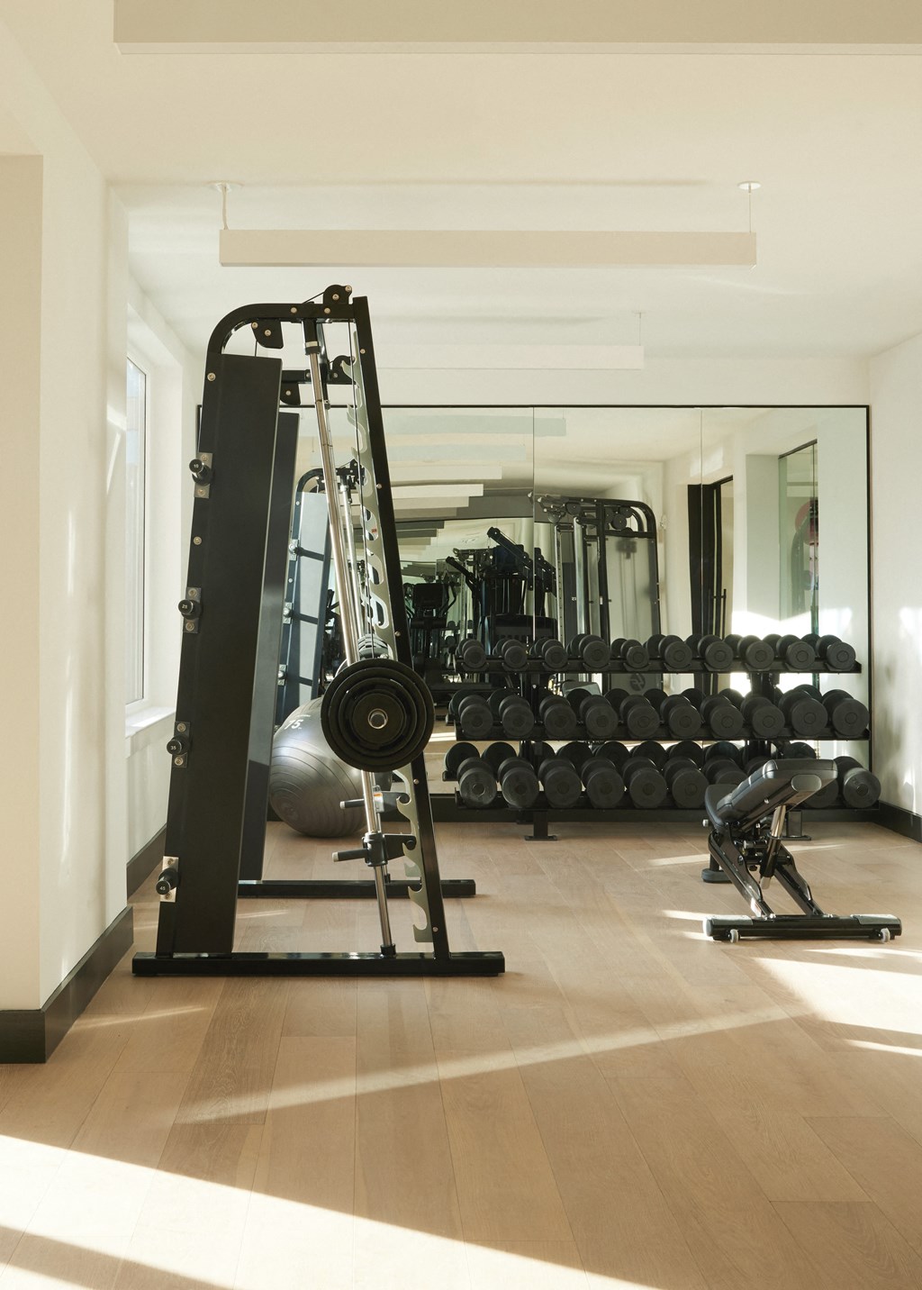 a home gym with weights and a large mirror