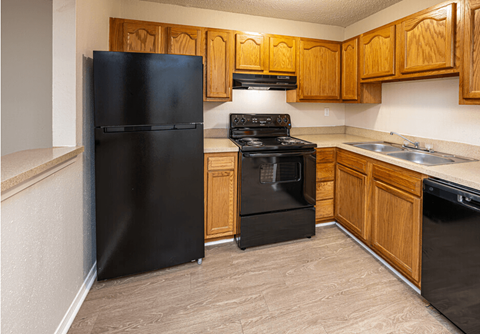 A black refrigerator is in a kitchen with wooden cabinets.