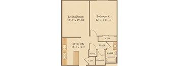 1Bed 1Bath Floor Plan at Cleary Pointe Apartments, Metairie, Louisiana