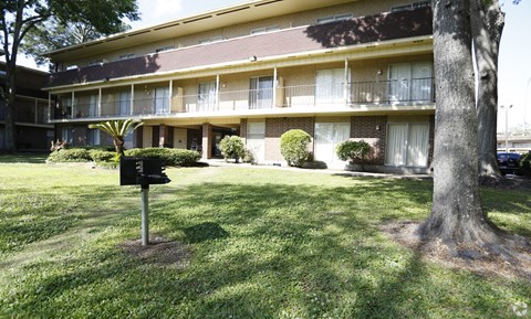 A tree stands in front of a building with balconies.