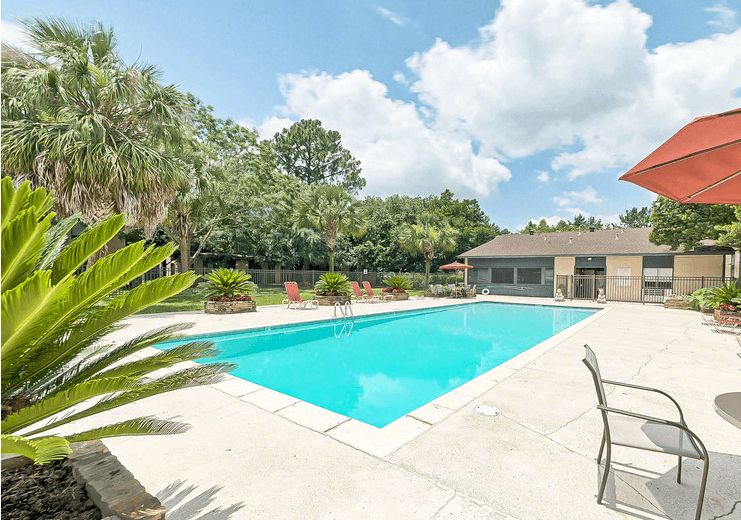 A pool surrounded by palm trees and a patio with chairs.