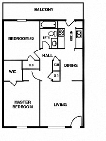 Oak Alley 2 bed 1 bath apartment floor plan