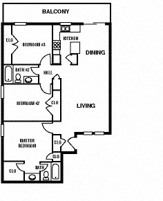 Oak Alley 3 bed 2 bath apartment floor plan