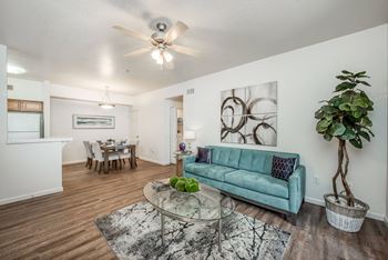 Living Room / Dinning area - Hallway access - Wood plank floors - Ceiling fan - Pantry in Dining - Dining next to Kitchen