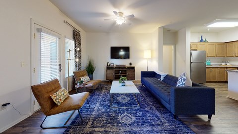 a living room with a blue rug and a blue couch