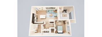 A-2 one bedroom one bath unit floorplan with 766 square feet at Villa Annette Apartments, California, 92553