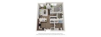 A 3D floor plan of a small apartment with a kitchen, living room, and bedroom.