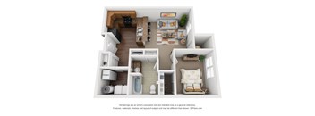A 3D floor plan of a small apartment with a kitchen, living room, and bathroom.