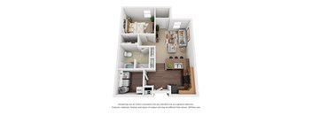 A 3D floor plan of a small apartment with a kitchen, living room, and bedroom.