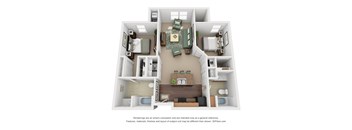 A 3D floor plan of a house with a living room, kitchen, and two bedrooms.