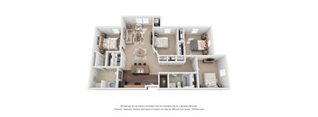 A 3D floor plan of a house with a kitchen, living room, and two bedrooms.