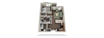 A 3D floor plan of a small apartment with a kitchen, living room, and bathroom.