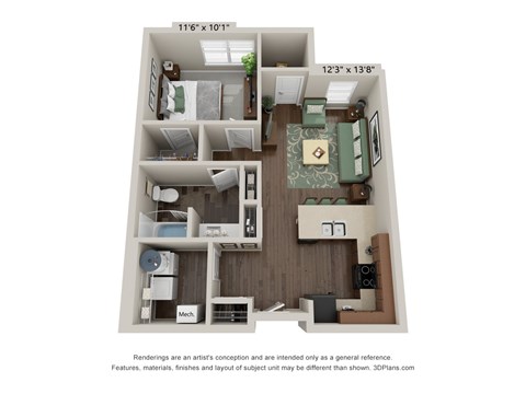 A 3D floor plan of a small apartment with a kitchen, living room, and bathroom.