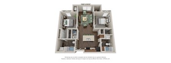 A 3D floor plan of a two-bedroom apartment with a living room, kitchen, and bathroom.