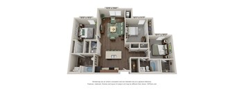 A 3D floor plan of a house with a living room, kitchen, and two bedrooms.