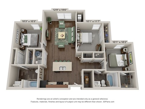 A 3D floor plan of a house with a living room, kitchen, and two bedrooms.