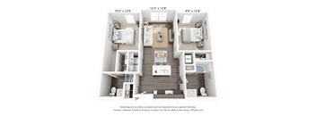 A 3D floor plan of a small apartment with three bedrooms and a living room.