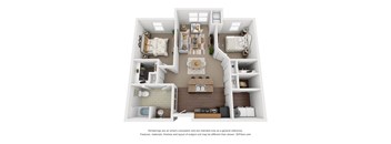 A 3D floor plan of a house with a kitchen, living room, dining room, and two bedrooms.