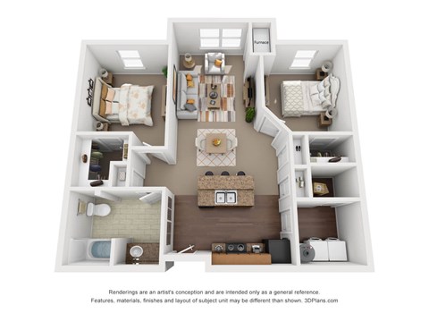 A 3D floor plan of a house with a kitchen, living room, dining room, and two bedrooms.