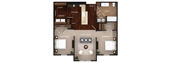 A floor plan of a house with two bedrooms, a living room, a kitchen, a bathroom, and a laundry area.