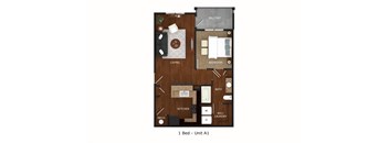 A floor plan of a one bedroom apartment, Unit A1, showing the layout of the living room, bedroom, kitchen, bathroom, and laundry.