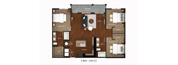 A 3 Bedroom apartment layout with a living room, kitchen, and two bathrooms.