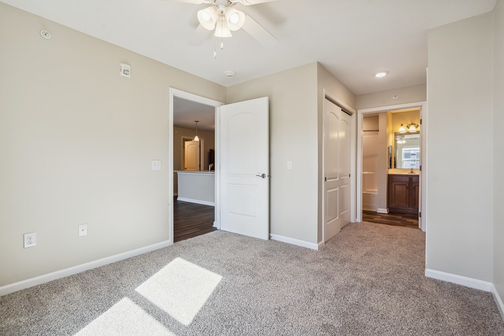 A room with a carpet and a ceiling light.