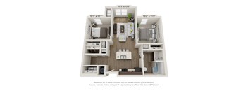 A 3D floor plan of a small apartment with two bedrooms and a living room.