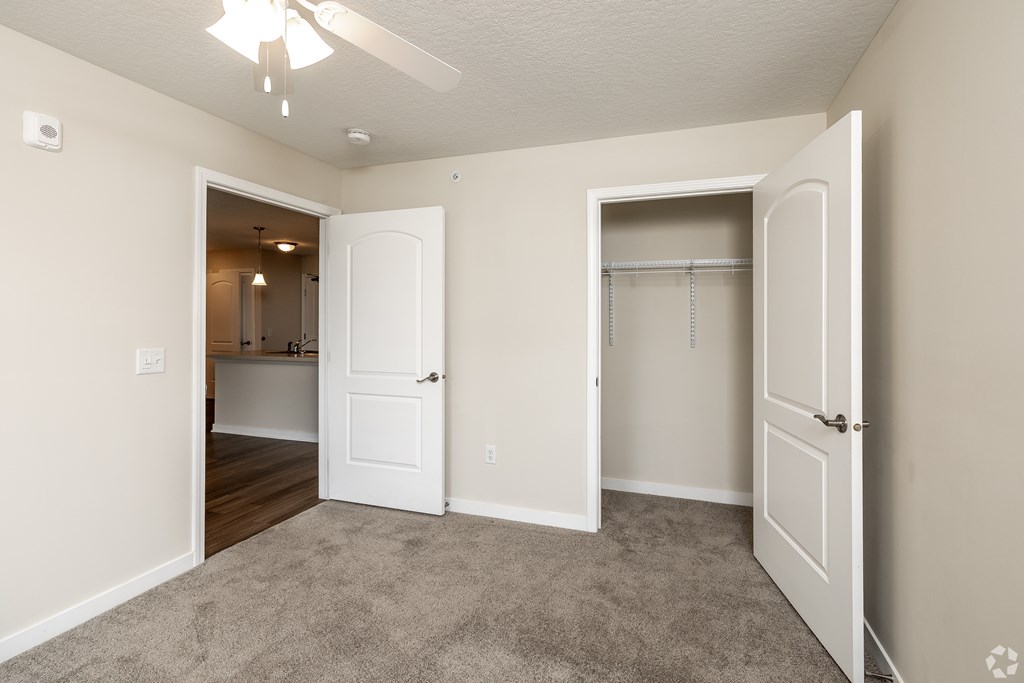 A room with a carpeted floor and two white doors.