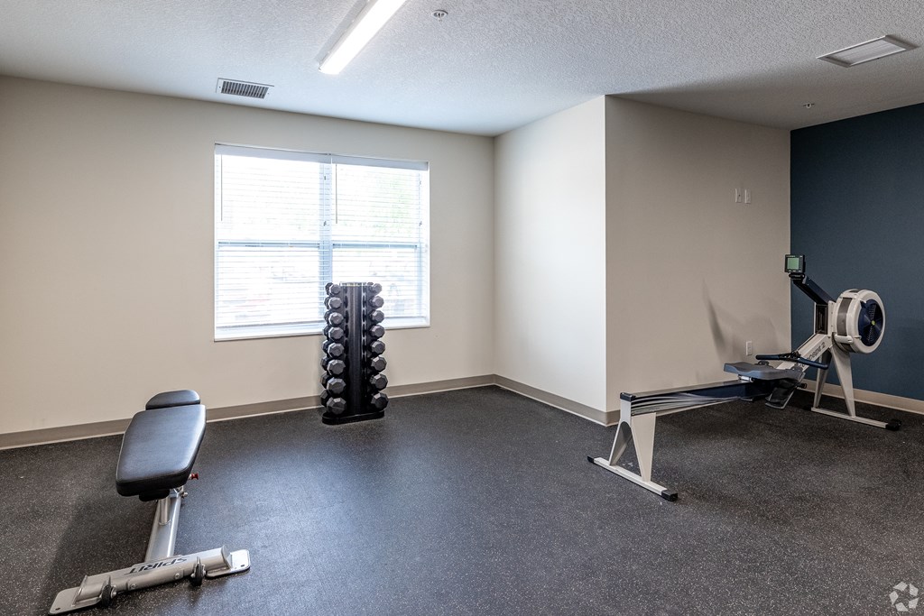 A gym room with a bench, weights, and a window.