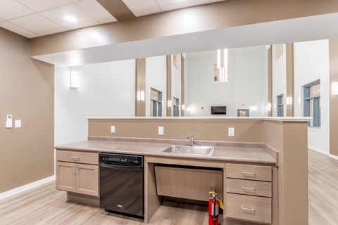 a kitchen with a sink and a dishwasher and a large mirror