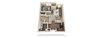 A 3D floor plan of a small apartment with a kitchen, living room, and bedroom.