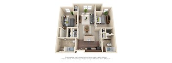 A 3D floor plan of a small apartment with a kitchen, living room, and two bedrooms.