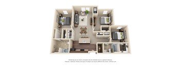 A 3D floor plan of a house with a kitchen, living room, and bedrooms.
