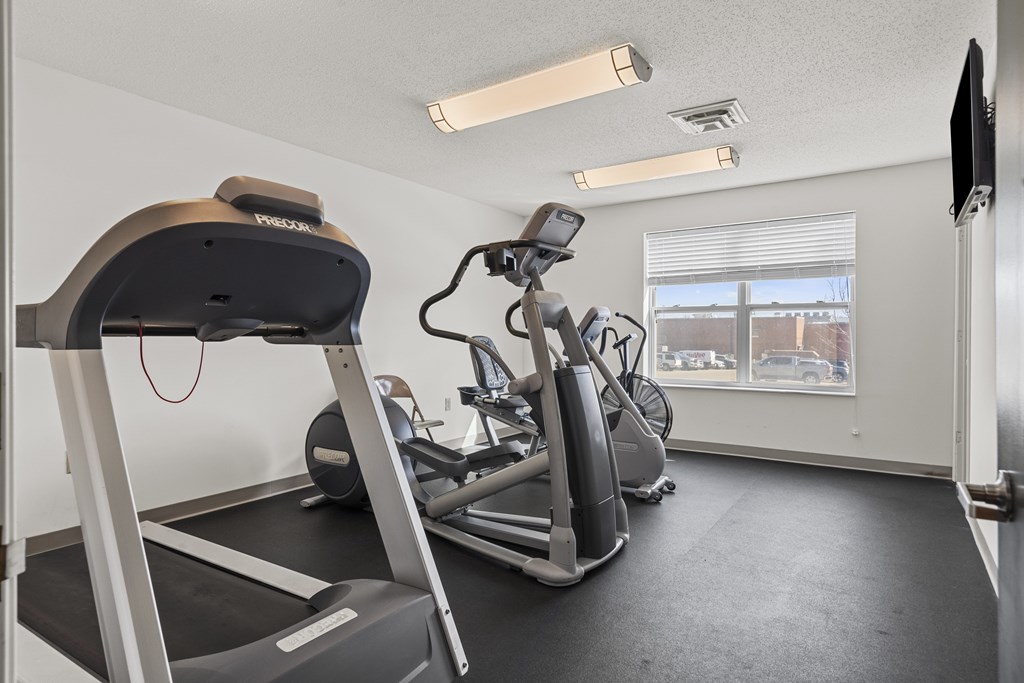 A treadmill and a stationary bike are in a well-lit room.