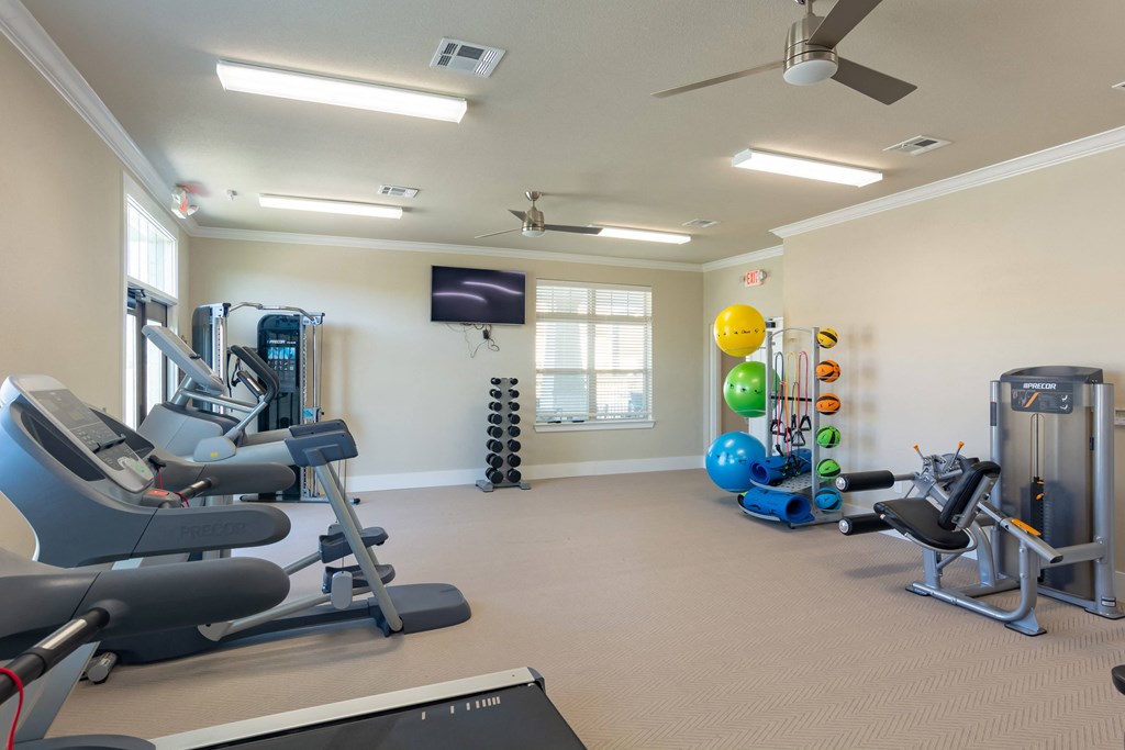 a gym with various machines and weights and a television