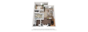 A 3D floor plan of a small apartment with a kitchen, living room, and bedroom.