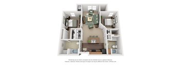 A 3D floor plan of a house with a living room, kitchen, and two bedrooms.