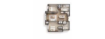 A floor plan of a small apartment with a living room, kitchen, bedroom, and bathroom.