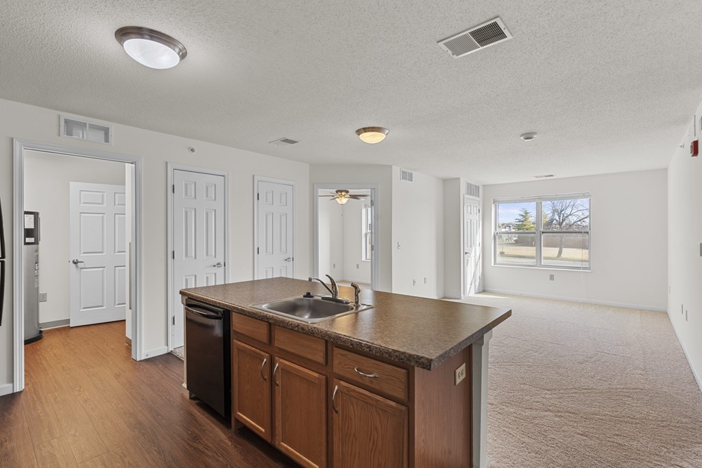 A kitchen with a brown countertop and a sink.