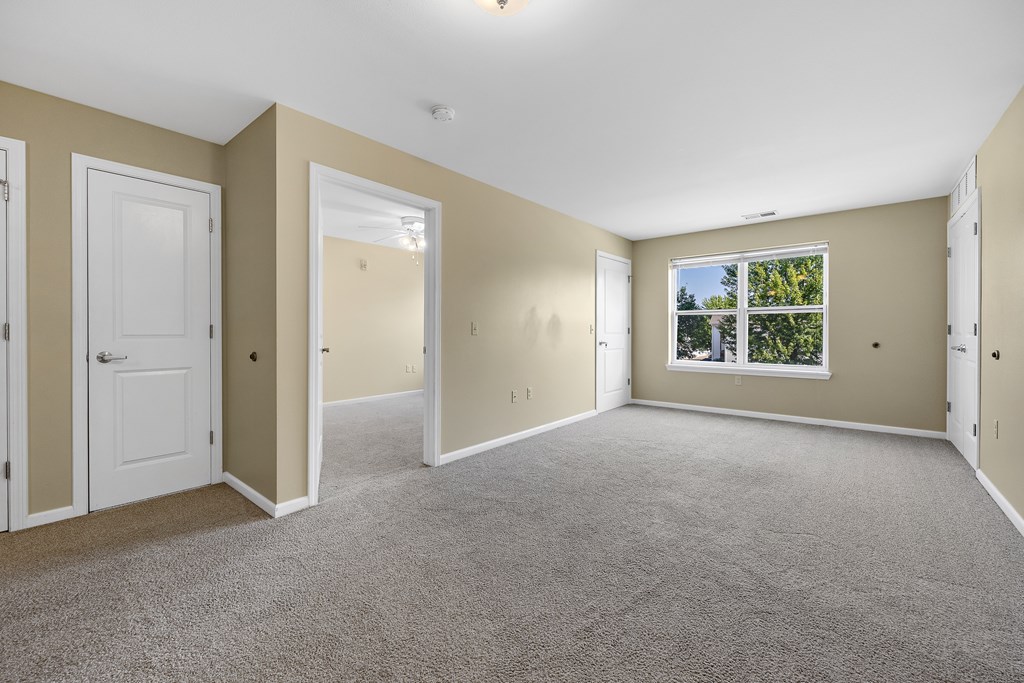 A room with a carpeted floor and a window showing trees outside.