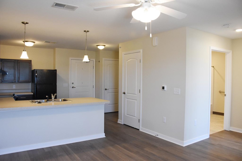 A kitchen with a black fridge and a white counter.