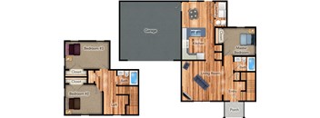 A floor plan of a house with a garage, two bedrooms, a kitchen, a living room, and a porch.