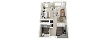A 3D floor plan of a small apartment with two bedrooms and a living area.
