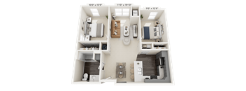 A 3D floor plan of a small apartment with two bedrooms, a living room, and a kitchen.