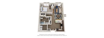 A 3D floor plan of a small apartment with a kitchen, living room, and bathroom.